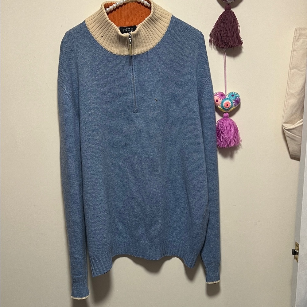Barneys New York Blue Zip-Up Sweater with Cream Collar